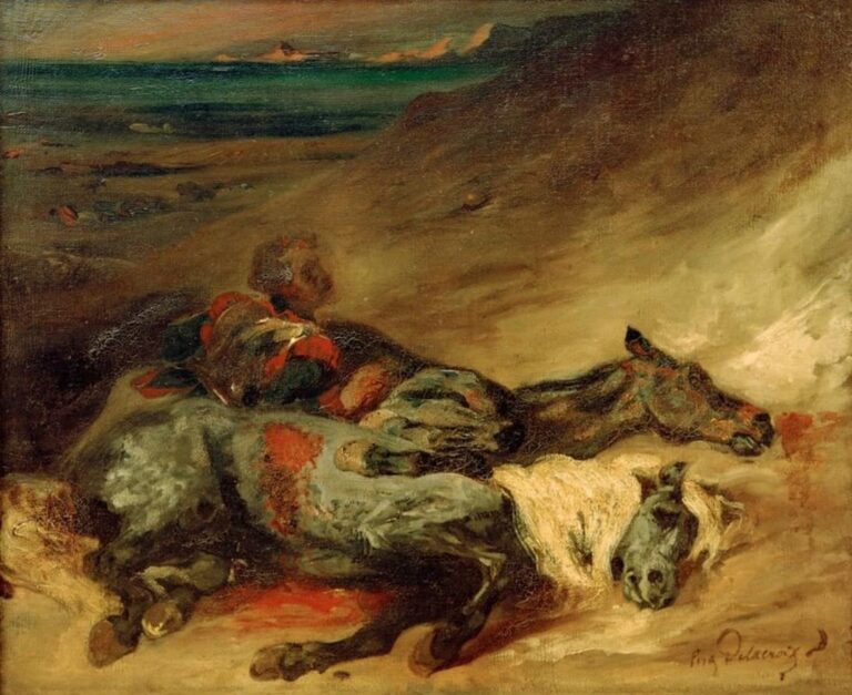 los dos caballos muertos en el campo de batalla de Eugene Delacroix